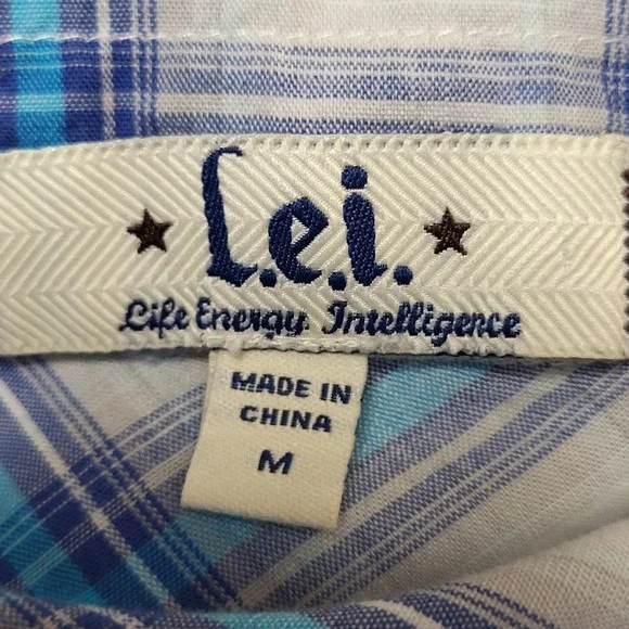 L.E.I. Shirt Dress Women Junior M Plaid Button Front Short Sleeve Blue White - Picture 5 of 9